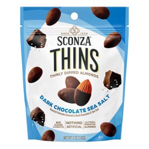 Sconza Thins Dark Chocolate Sea Salt Almonds 5oz Peg Bags 6ct